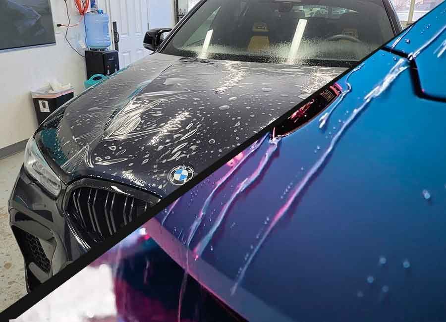 A split-screen view shows a dark BMW being cleaned with soapy water in a garage workshop next to a close-up of a blue hood.