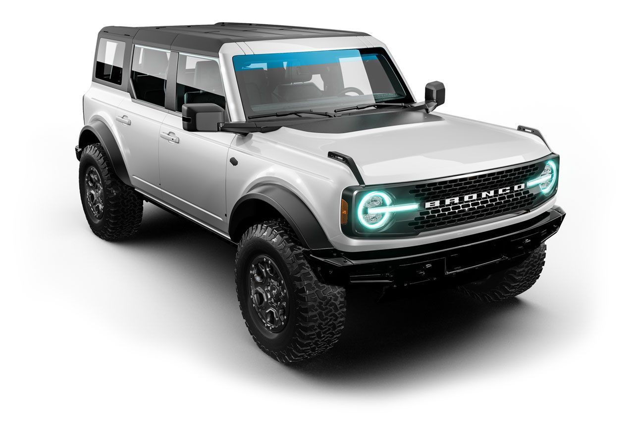 White Ford Bronco SUV with black accents, on a white background.